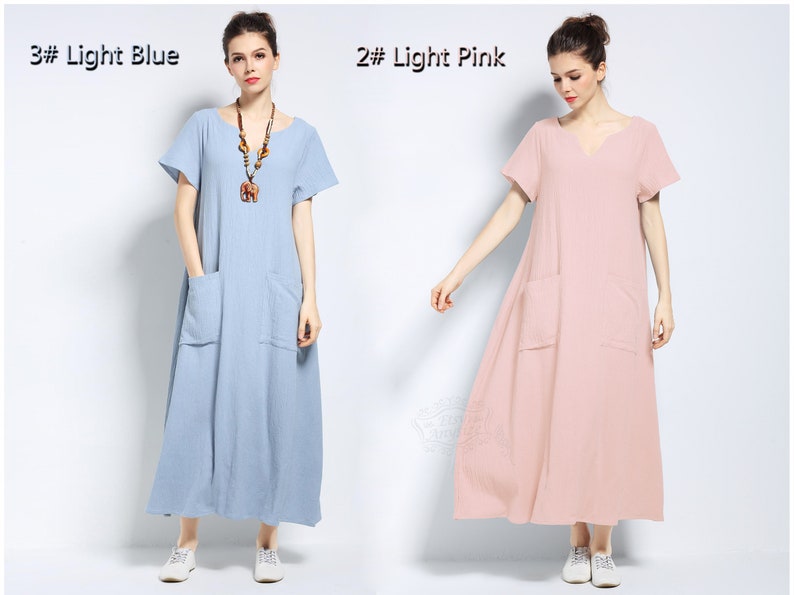 Anysize V neck soft linen cotton loose dress plus size with front pockets plus size spring summer dress spring summer clothing F144A 