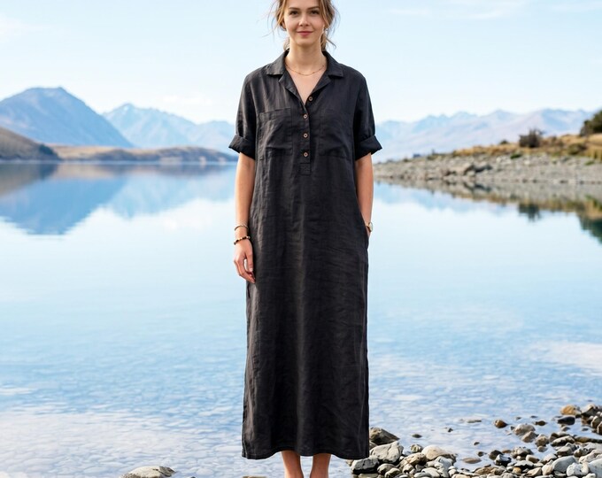 Anysize Custom 100% Linen Shirt Dress Women Minimalist Linen Maxi Dress Loose Summer Dress with Pockets Button Front Dress F43WL