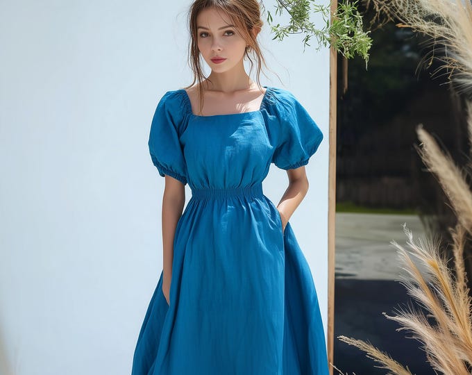 Anysize custom square neck 100% linen puff sleeves casual dress with side pockets spring summer plus size dress plus size clothing F16AL
