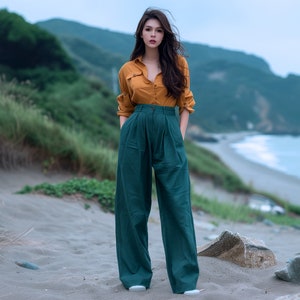 Pantalones de lino y algodón para mujer, de cualquier tamaño, personalizados, para primavera y otoño, de cintura alta, con bolsillos laterales, largos hasta el suelo, de talla grande, ropa de talla grande F516E