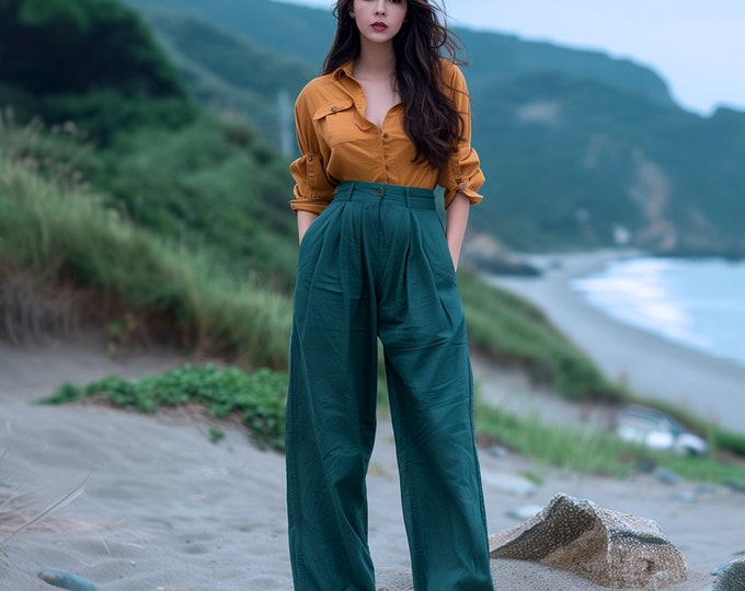 Anysize custom woman linen cotton spring fall high waisted pants side pockets floor length trousers plus size pants plus size clothing F516E
