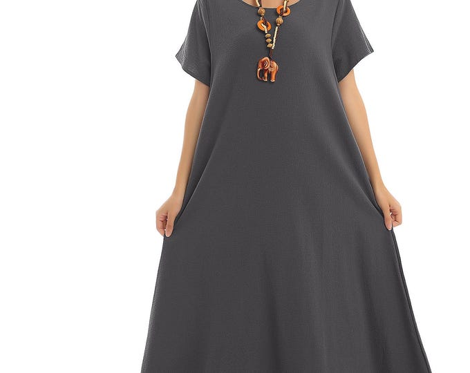 Anysize 100% linen dress with side pockets spring summer A-line loose dress plus size maxi dress plus size clothing F131L