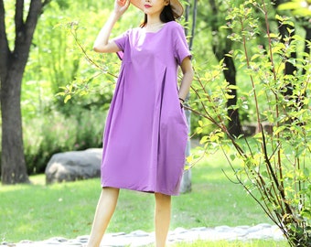 Anysize midi dress with side pockets pleated design short sleeves casual loose dress plus size dress plus size clothing T123A
