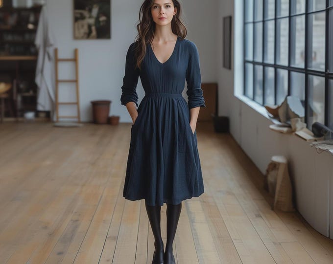 Anysize custom v neck long sleeves linen cotton midi dress spring fall winter dress plus size dress plus size clothing F759N