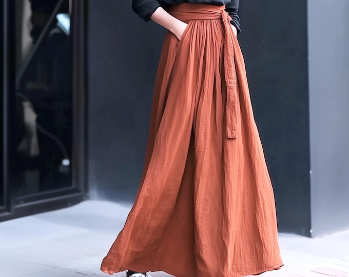 Anysize custom 100% linen maxi skirt A-line elastic waist with belt spring summer fall plus size skirt plus size clothing F11AL