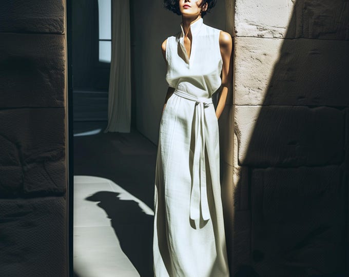 Anysize custom sleeveless 100% linen collared v neck maxi dress with side pockets spring summer plus size dress plus size clothing F8DL