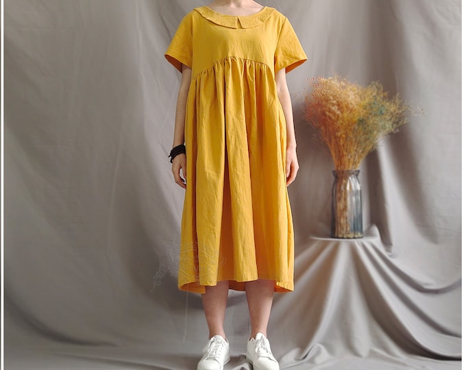 Anysize chelsea collar with side pockets soft linen cotton summer dress plus size dress plus size clothing T20A
