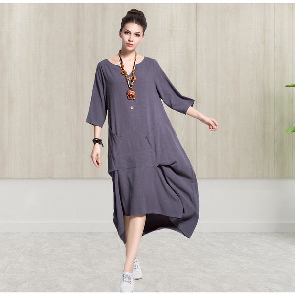 Anysize 3/4 sleeves front two pockets V neck linen cotton dress plus size dress plus size clothing spring summer dress Y133