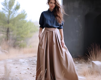 Anysize custom maxi skirt with belt elastic waist plus size linen cotton skirt with side pockets spring fall retro plus size clothing F384N