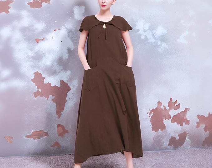 Anysize soft linen cotton long dress with pockets cape collar A line dress plus size dress plus size clothing  F123Q