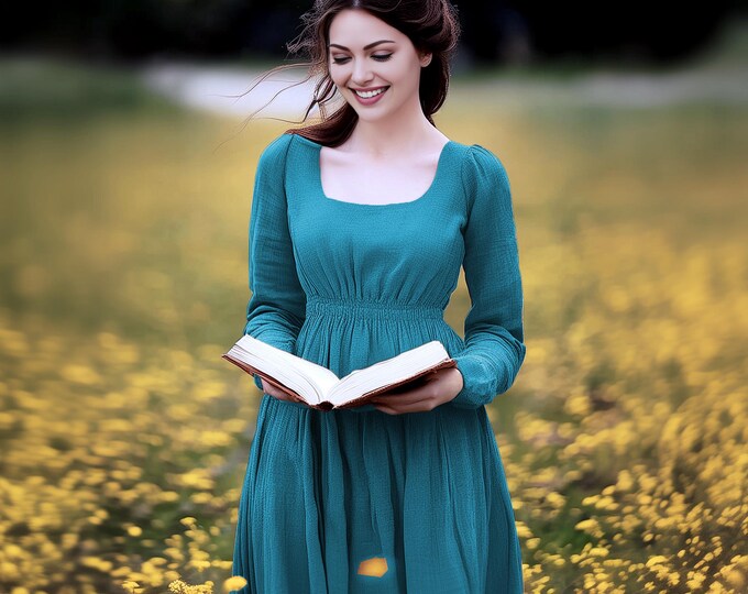Anysize custom square neck long sleeves linen cotton plus size dress with side pockets spring fall retro plus size clothing F641E
