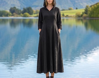 Anysize Custom Hooded Linen Cotton Maxi Dress 3/4 Sleeve Fall Winter Plus Size Dress With Pockets Women’s A Line Dress F26FN