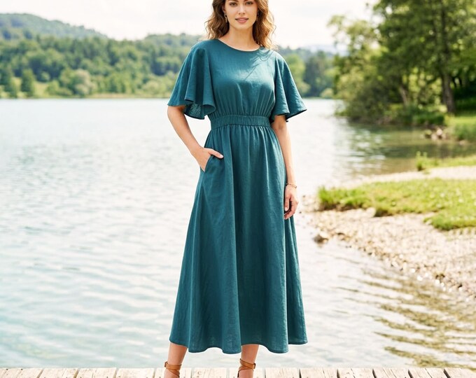 Anysize Custom 100% Linen Flutter Sleeve Linen Dress Elastic Waist Dress Casual Summer Dress with Pockets Minimalist Linen Dress F51WL