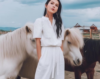 Camicia 100% lino personalizzata di qualsiasi taglia, scollo a V, maniche corte, ampia camicetta estiva taglie forti, abbigliamento taglie forti F52YL