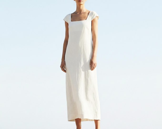 Anysize Custom Square Neck 100% Linen Cap Sleeves Summer Maxi Dress Plus Size Dress Plus Size Clothing F3UL