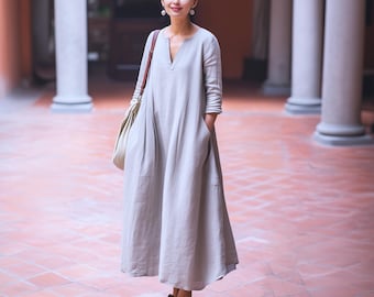 Anysize custom 100% linen long sleeves maxi classic A-line retro dress with pockets spring summer plus size dress plus size clothing F79DL
