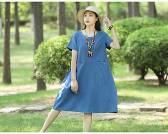 Anysize summer midi dress with front pockets short sleeves casual loose dress plus size dress plus size clothing T105Q