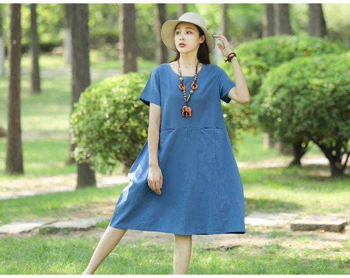 Anysize summer midi dress with front pockets short sleeves casual loose dress plus size dress plus size clothing T105Q