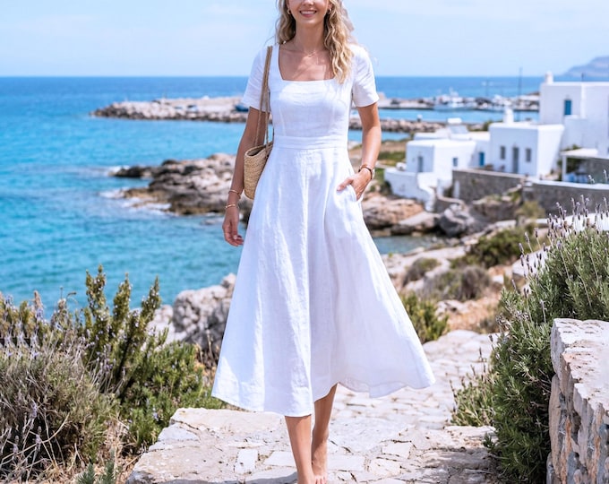 Anysize Custom 100% Linen Dress for Women Square Neck Summer Dress A Line Dress with Pockets Vacation Outfit Plus Size Clothing F73UL