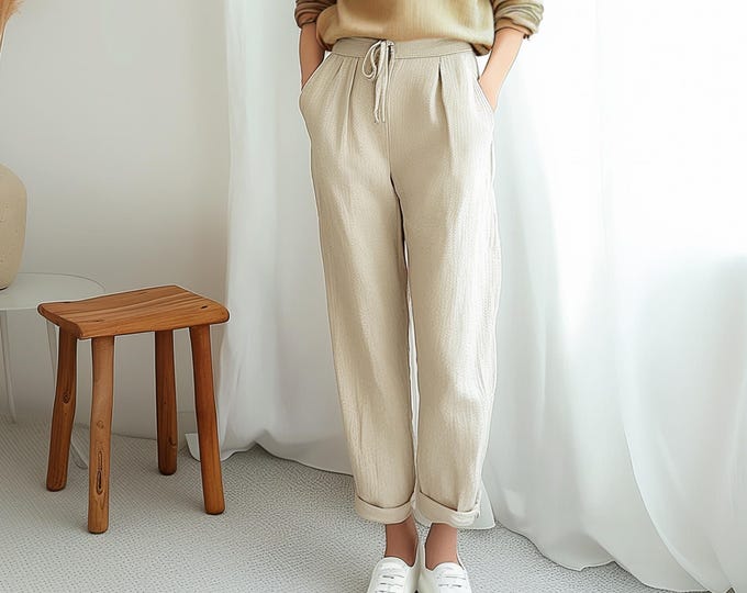 Anysize custom woman soft linen cotton pants with side pockets elastic waist drawstrings trousers plus size pants plus size clothing F614E