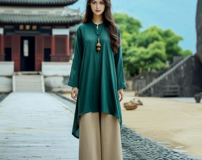 Anysize custom long sleeves soft linen cotton plus size midi dress v neck with irregular hem spring summer fall plus size clothing F629E