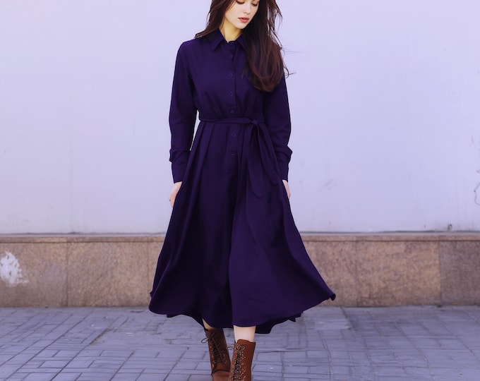 Anysize custom soft linen cotton long sleeves dress plus size shirt dress with functional buttons side pockets spring fall clothing F32PE