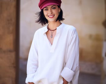 Anysize custom 100% linen casual blouse V neck long sleeves shirts summer tops plus size tops plus size clothing F46JL