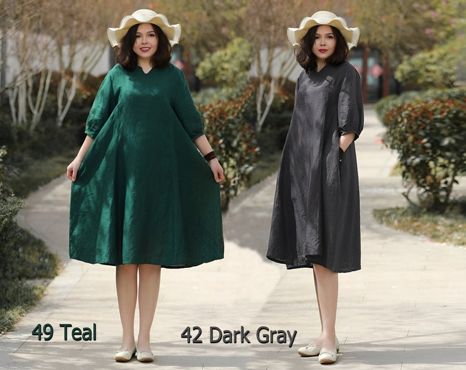 Anysize 100% linen midi A line dress with puff sleeves V neck spring summer fall plus size dress plus size clothing F344L