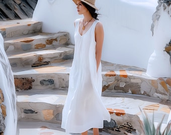 Anysize custom 100% linen V-neck sleeveless loose maxi dress with side pockets spring summer plus size dress plus size clothing F440L