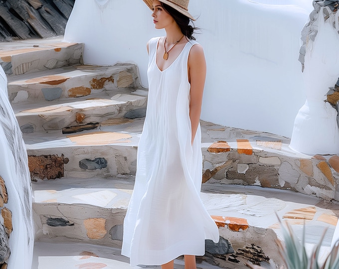 Anysize custom 100% linen V-neck sleeveless loose maxi dress with side pockets spring summer plus size dress plus size clothing F440L