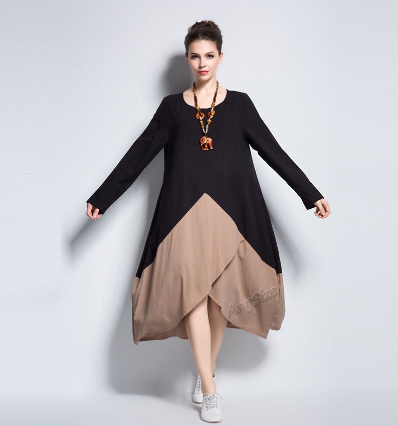 Anysize asymmetry double color soft linen&cotton dress plus | Etsy
