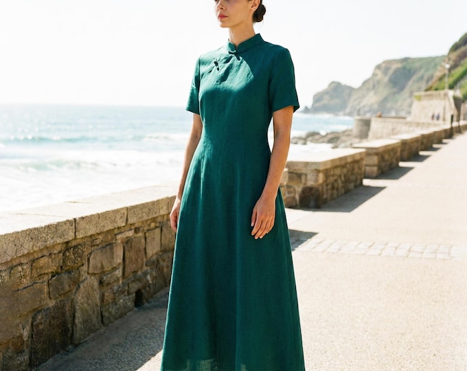 Anysize Custom 100% Linen Dress With Chinese Traditional Buttons Short Sleeves Spring Summer Plus Size Dress Plus Size Clothing F98TL