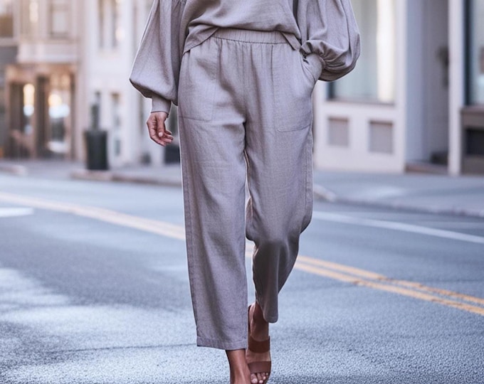 Anysize Custom Soft Linen Cotton Nine Point Pants With Patch Pockets Elastic Waist Trousers Casual Plus Size Pants Plus Size Clothing F65SE