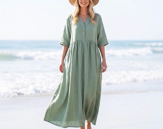 Anysize Custom 3/4 Sleeves Linen Cotton Maxi Dress High Waist Gathered Dress Loose  Flowy Summer Dress Button Front Dress With Pockets F59WE