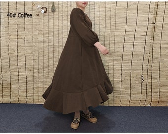 Anysize retro frills style with elastic cuff slit sleeves design linen cotton spring summer fall plus size dress plus size clothing T84A