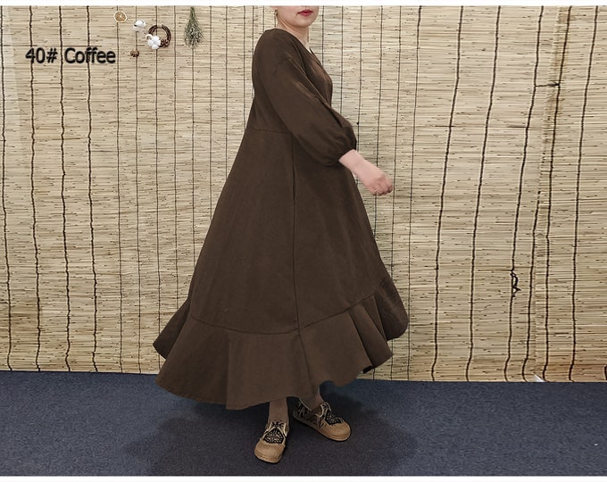 Anysize retro frills style with elastic cuff slit sleeves design linen cotton spring summer fall plus size dress plus size clothing T84A