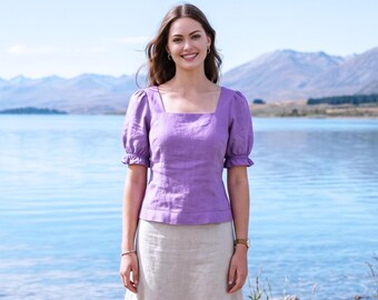 Anysize Custom 100% Linen Square Neck Blouse Minimalist Summer Top Form Fit Puff Sleeves Linen Shirt Plus Size Clothing F28WL