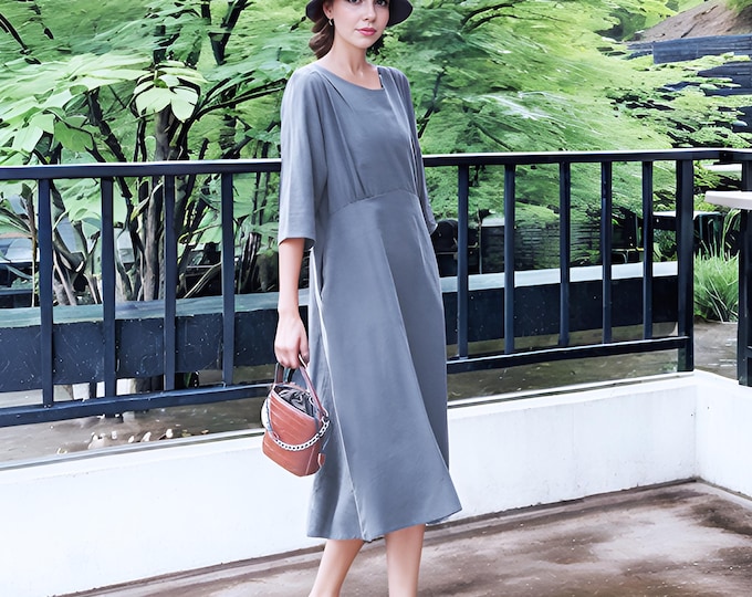 Anysize soft linen cotton 3/4 sleeves with side pockets spring summer fall plus size dress plus size clothing F17DQ