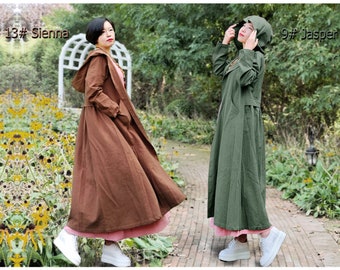 Anysize hooded coat with Long sleeves wind breaker linen cotton spring fall winter duster plus size coat plus size clothing T296N