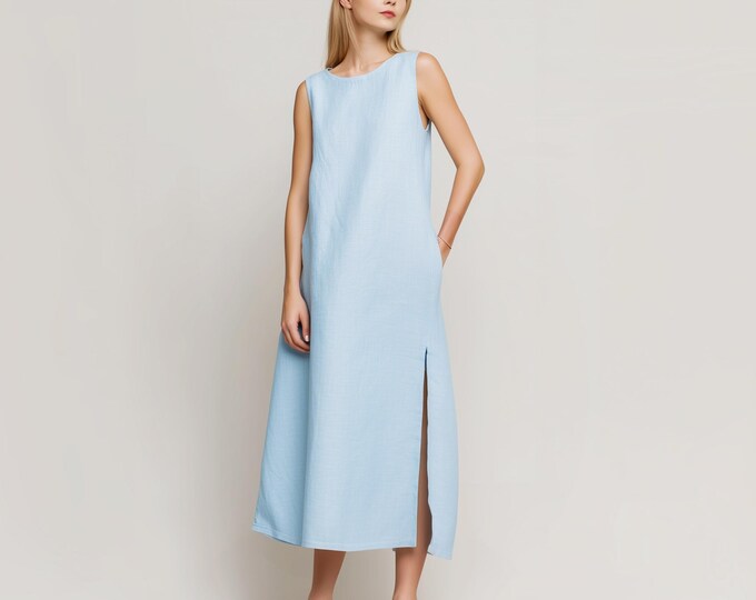 Anysize custom sleeveless 100% linen dress with side pockets side split dress spring summer plus size dress plus size clothing F96JL