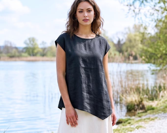 Anysize Custom 100% Linen Top Asymmetrical Hem Blouse Cap Sleeve Linen Top Loose Fit Summer Top Minimalist Casual Shirt F34WL