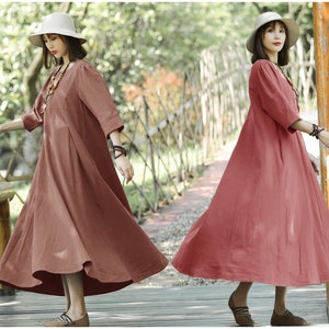 Anysize 3/4 sleeves flowy casual loose dress with side pockets linen cotton spring fall winter plus size maxi dress plus size clothing T233N