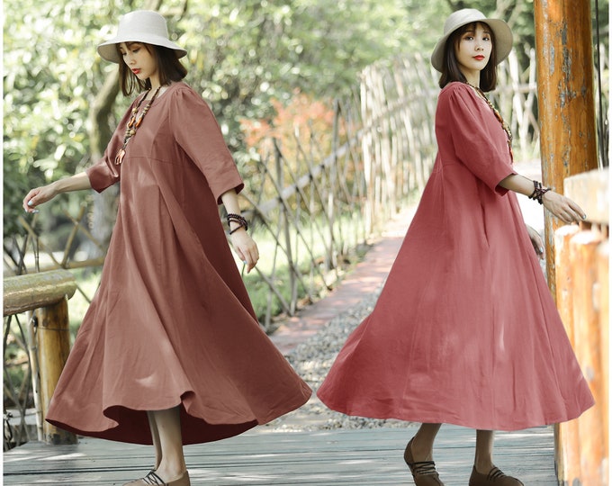 Anysize 3/4 sleeves flowy casual loose dress with side pockets linen cotton spring fall winter plus size maxi dress plus size clothing T233N