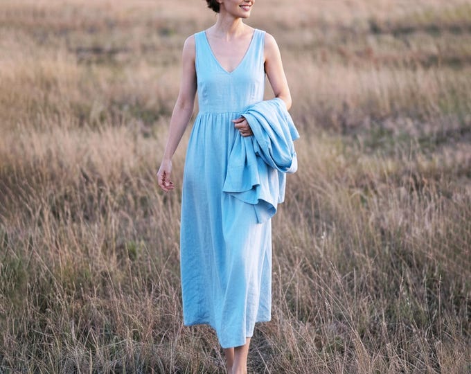 Anysize Custom 100% Linen Sleeveless V Neck Pleated Maxi Dress Spring Summer Plus Size Dress Plus Size Clothing F96TL