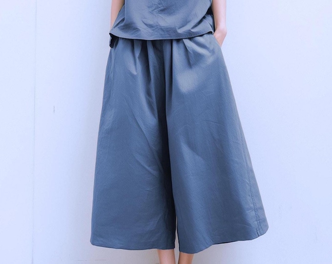 Anysize custom 100% linen wide leg pants culottes cropped trousers with pockets elastic waist spring summer plus size pants F94JL