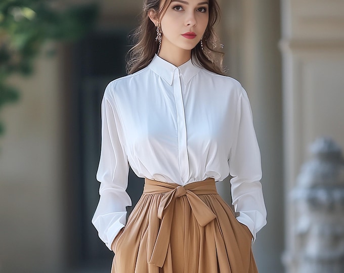 Anysize custom linen cotton collared blouse long sleeves hidden buttons loose plus size shirt  spring fall tops plus size clothing F643N