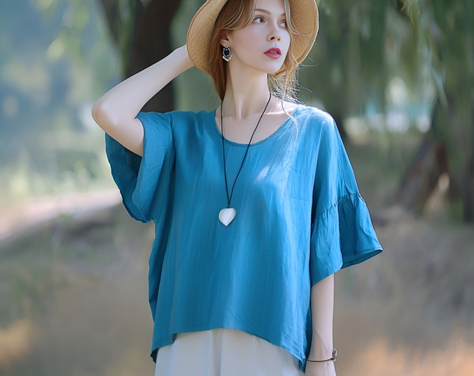 Anysize custom 100% linen flare sleeves tops casual loose summer plus size shirt plus size clothing F479L
