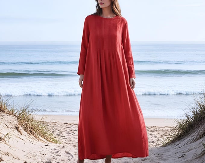 Anysize Custom Soft Linen Cotton Front Pleated Dress Long sleeves Plus Size Maxi Dress With Round Neck Side Pockets Plus Size Clothing F97SE