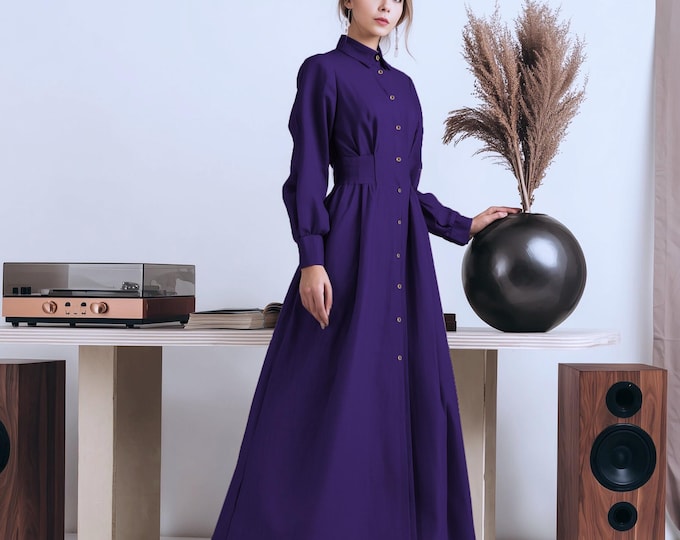 Anysize custom shirt dress soft linen cotton plus size maxi dress with functional buttons side pockets spring fall plus size clothing F24PE