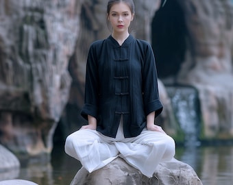 Anysize custom long sleeves with handmade buttons retro soft linen cotton spring fall casual loose plus size tops plus size clothing F505E